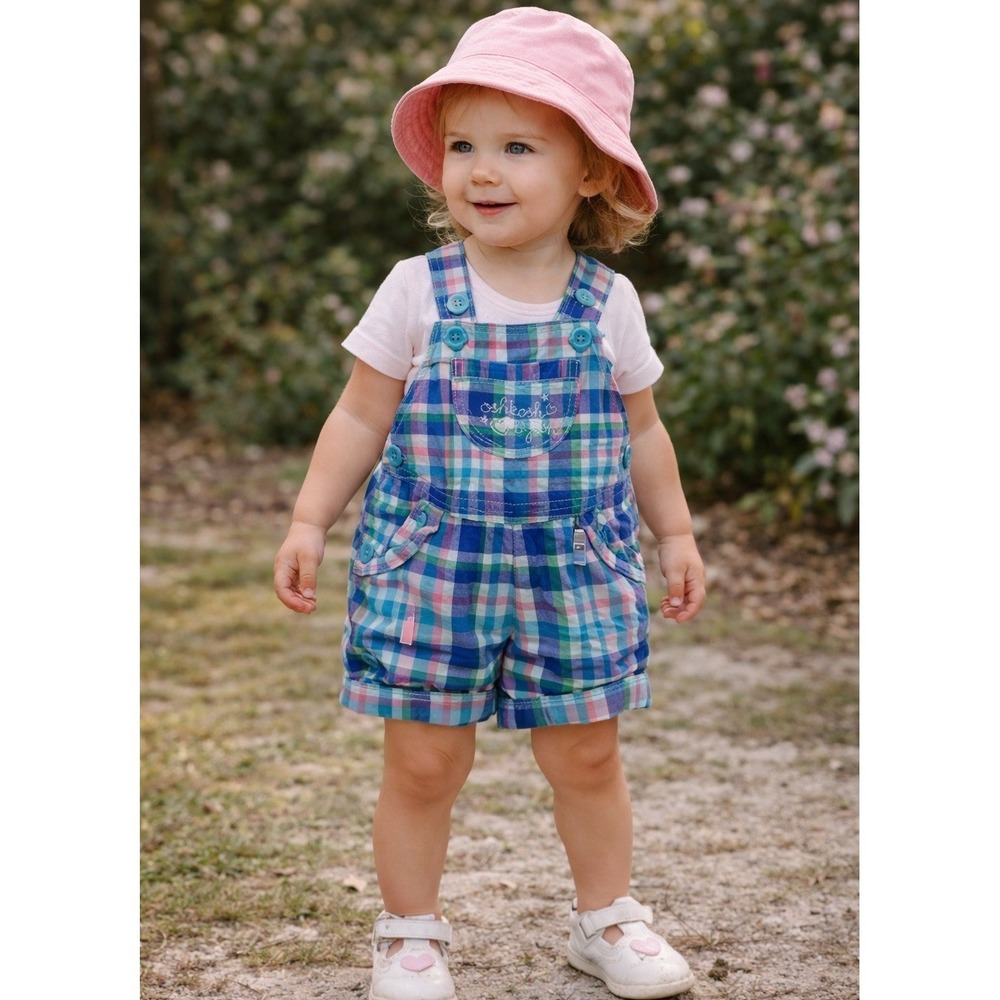 Vintage Osh Kosh pink & blue plaid short alls overalls for baby girl size 3 M